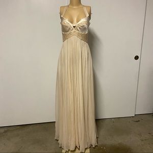 Vintage Dina bar-el Ivory silk sequins halter Formal Maxi dress Size 8